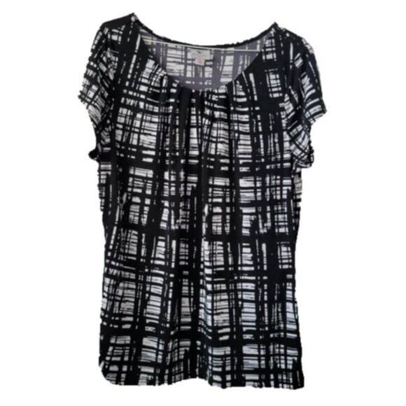 Worthington Large petite Blouse B/W Short Sleeves Long Tunic silky EUC - Picture 1 of 7